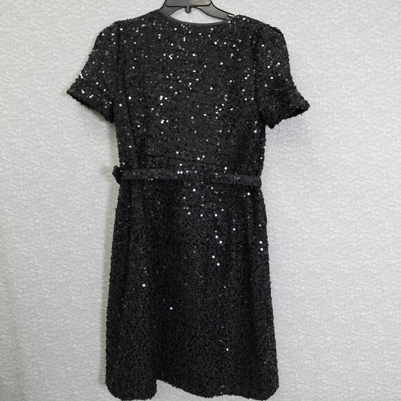 Donna Karan New York Size 14 Black Sequin Short Sleeve ButtonUp Belted Dress NWT - Picture 2 of 16